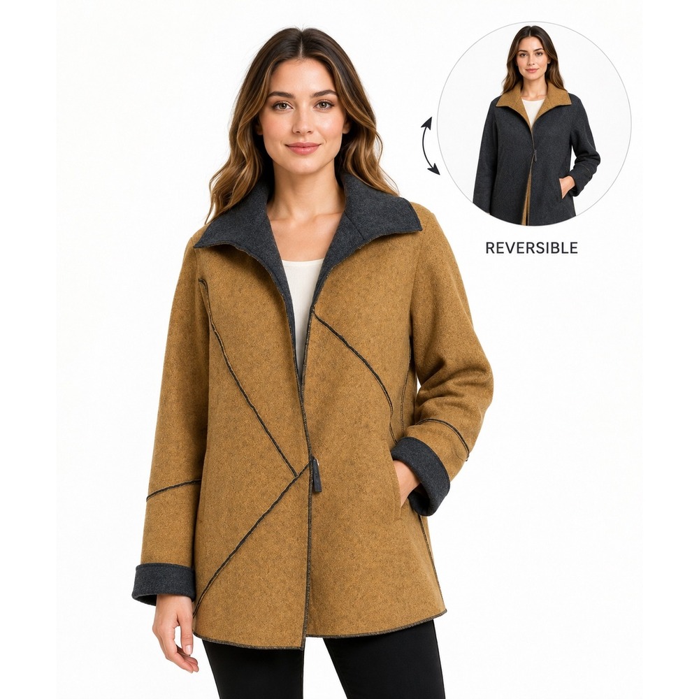 Icelandic Design Reversible Jacket Cardigan 100% Wool Camel Gray Medium